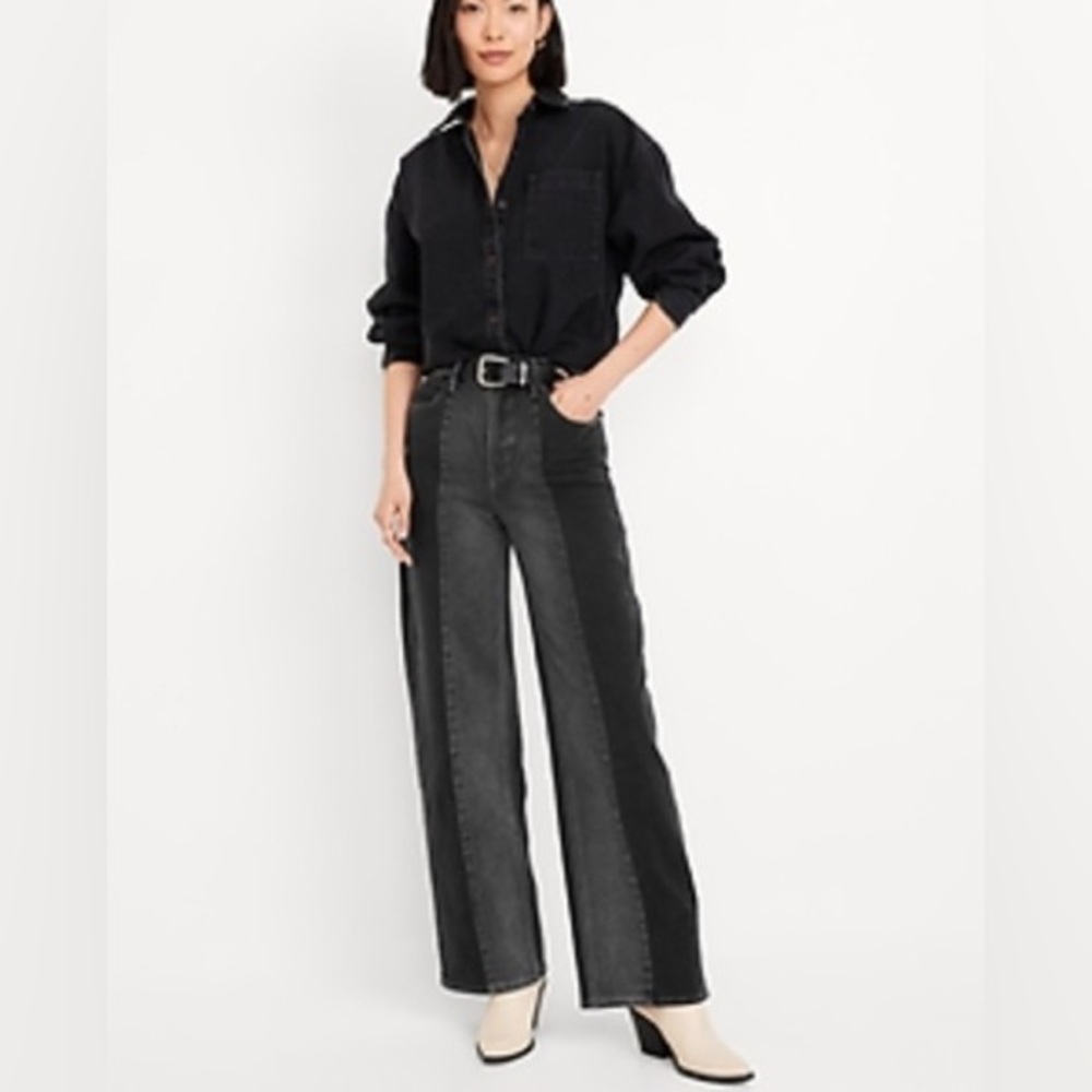 Old Navy Black Two-Tone Extra High Rise Ski-Hi Wide Leg Jeans